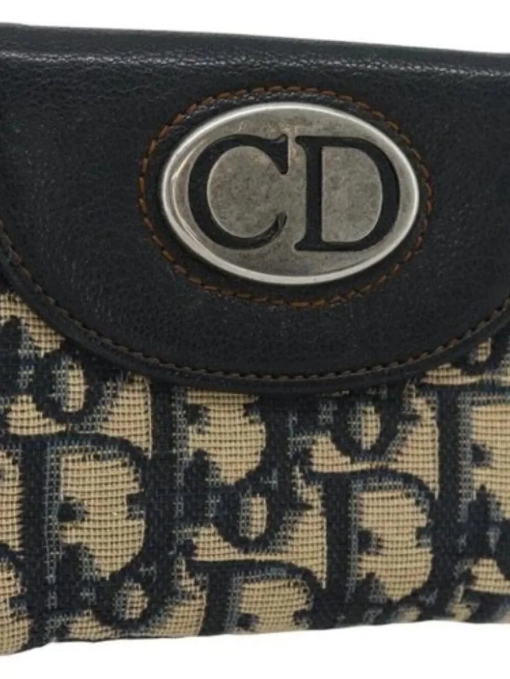 Christian Dior Trotter Canvas Compact Wallet Navy Silver Auth 181463A